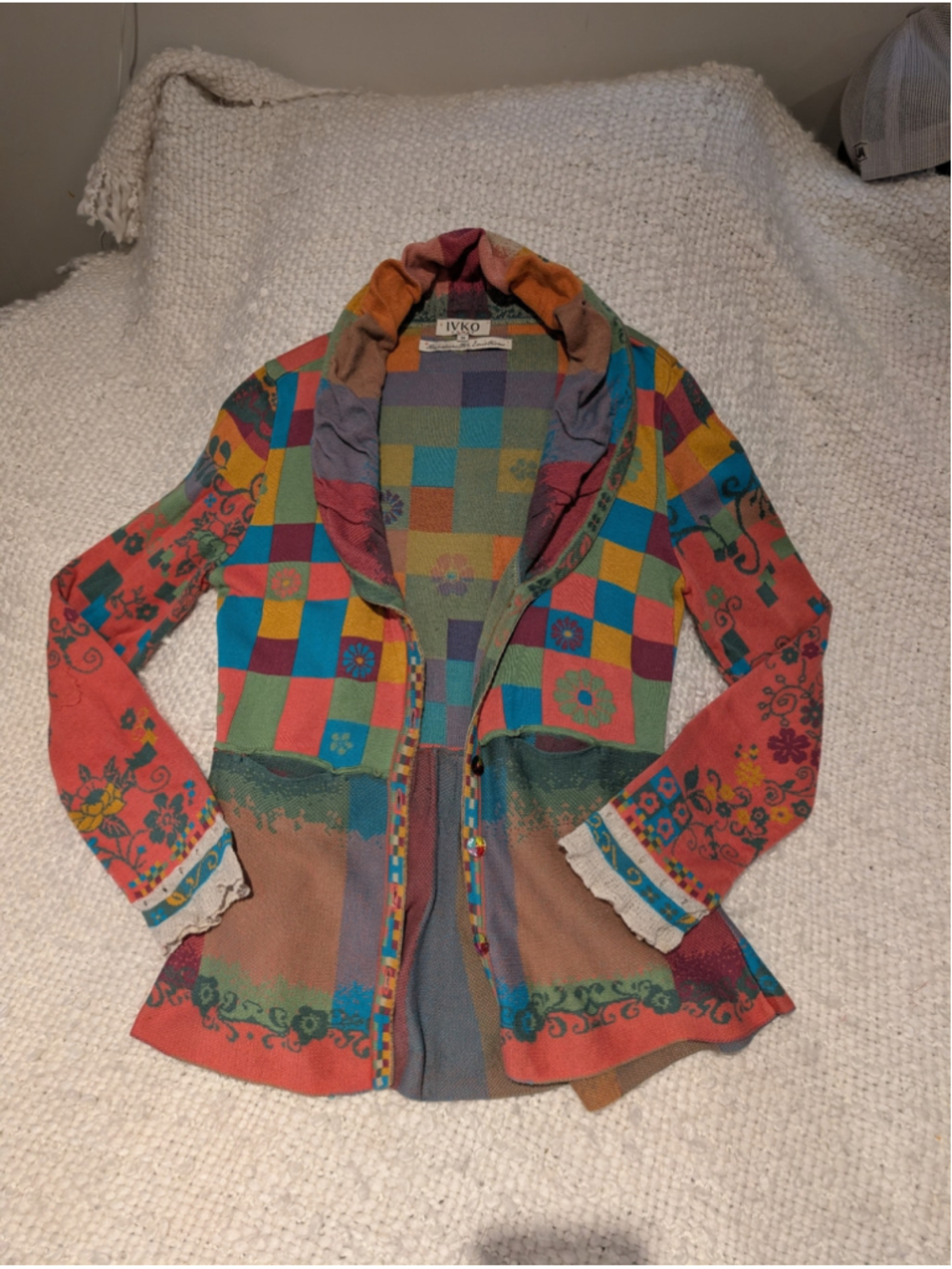 Women's IVKO Cardigan Size 6 Coral Multi-color Floral Patchwork Knit Sweater